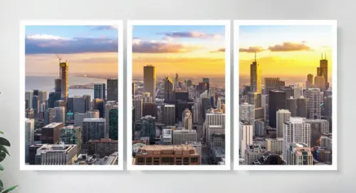 3 Quadros Cidade Chicago Paisagem Decoração Sala Com Moldura