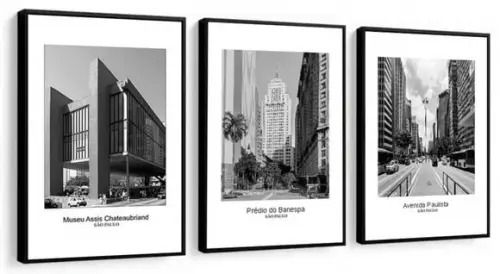 3 Quadros Cidade São Paulo Decoração Preto e Branco Moldura