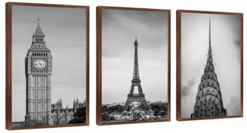 3 Quadros Cidades Preto e Branco Decoração Conjunto Molduras