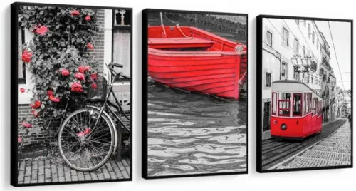 3 Quadros Cidades Preto e Branco Decoração Vermelho Molduras
