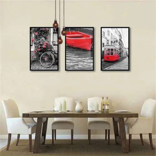 3 Quadros Cidades Preto e Branco Decoração Vermelho Molduras