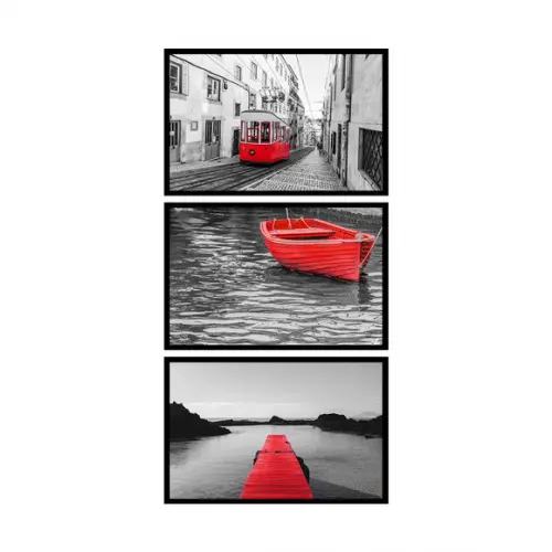 3 Quadros Cidades Preto e Branco Decoração Vermelho Moldura