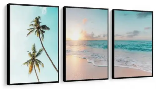 3 Quadros Coqueiro Pôr Do Sol Paisagem Decoração Com Moldura