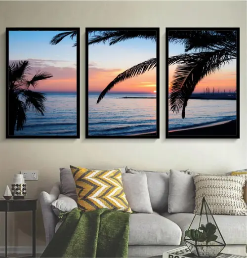 3 Quadros Coqueiro Praia Resort Pôr Do Sol Decoração Moldura