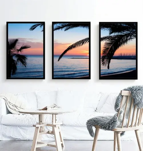 3 Quadros Coqueiro Praia Resort Pôr Do Sol Decoração Moldura