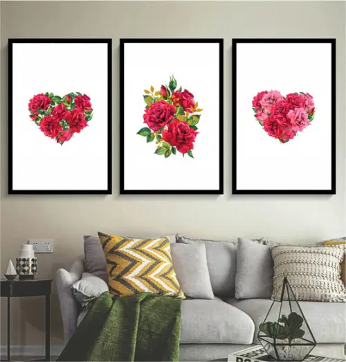 3 Quadros Coração Casal Rosas Vermelhas Decoração Molduras