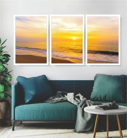 3 Quadros De Praia Pôr Do Sol Decoração Mar Onda Com Moldura