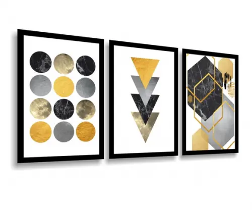 3 Quadros Decorativos Abstrato Geométrico Amarelo Conjunto