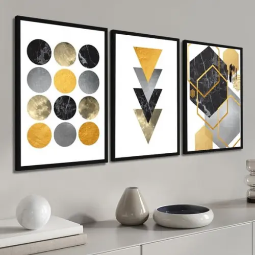 3 Quadros Decorativos Abstrato Geométrico Amarelo Conjunto