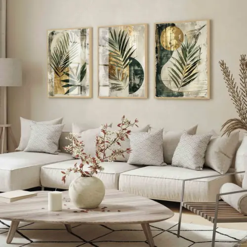 3 Quadros Decorativos Abstrato Folhas Verdes Moldura e Vidro