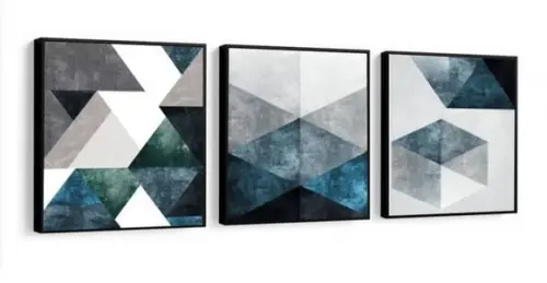 3 Quadros Decorativos Abstrato Geométrico Azul Trio Molduras