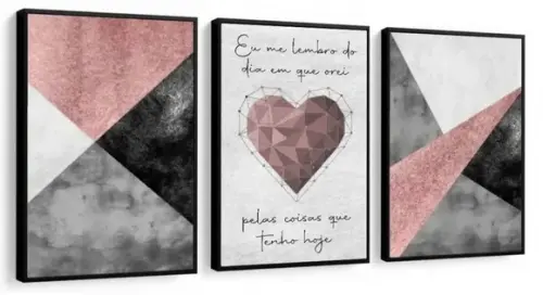 3 Quadros Decorativos Abstrato Geométrico Coração Moldura