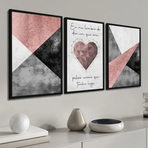 3 Quadros Decorativos Abstrato Geométrico Coração Moldura