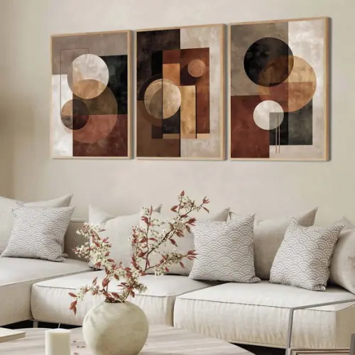 3 Quadros Decorativos Abstrato Geométrico com Moldura Vidro