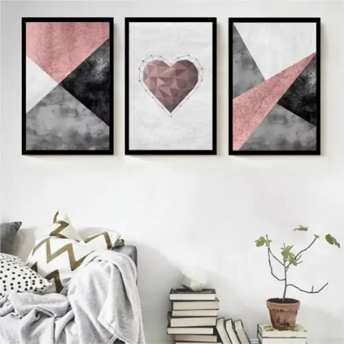 3 Quadros Decorativos Abstrato Geométrico Coração Moldura