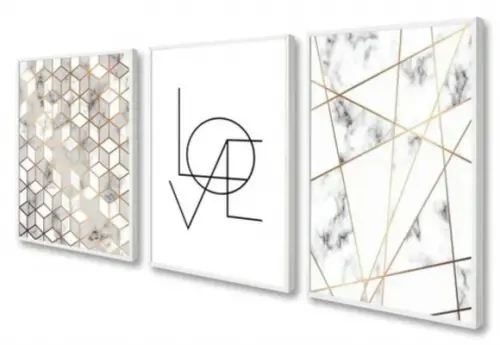 3 Quadros Decorativos Abstrato Geométrico Mármore Casal Love