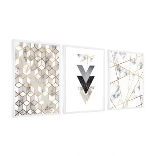 3 Quadros Decorativos Abstrato Geométrico Mármore Conjunto