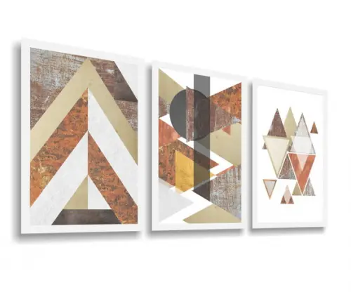 3 Quadros Decorativos Abstrato Geométrico Marrom Molduras