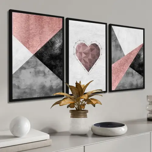 3 Quadros Decorativos Abstrato Geométrico Rosa Coração Casal