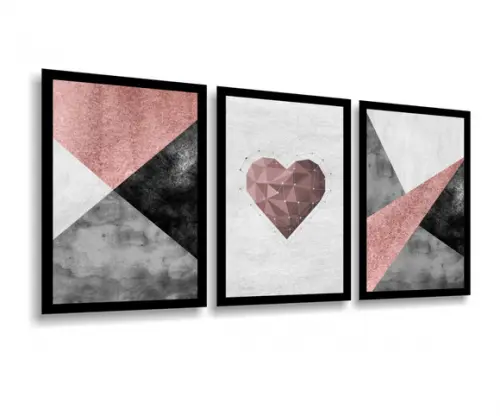 3 Quadros Decorativos Abstrato Geométrico Rosa Coração Casal