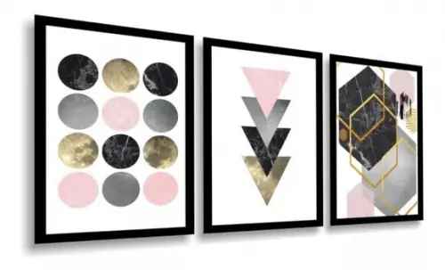 3 Quadros Decorativos Abstrato Geométrico Tons Rosê Molduras