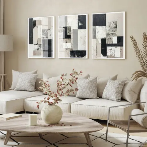 3 Quadros Decorativos Abstrato Moderno Luxo Moldura e Vidro