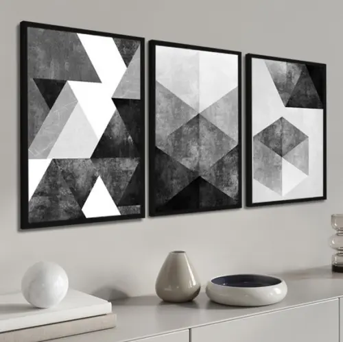3 Quadros Decorativos Abstrato Preto e Branco Moldura Vidro