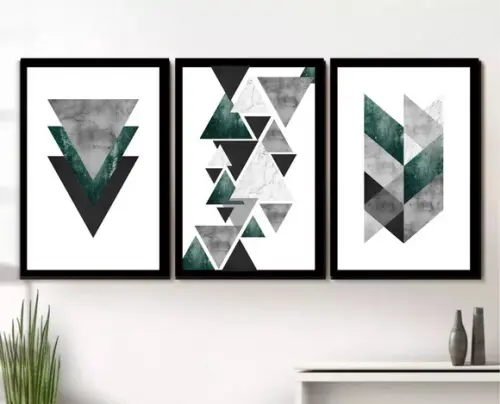 3 Quadros Decorativos Abstratos Geométricos Verde Moldura