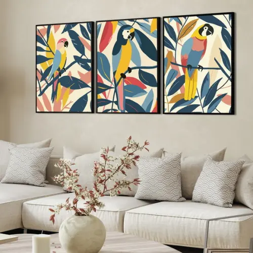 3 Quadros Decorativos Araras Animais Fauna Moldura e Vidro