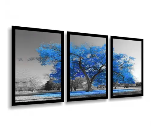 3 Quadros Decorativos Arvore Da Vida Azul Botânico Molduras