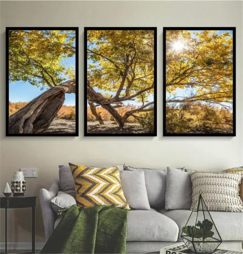 3 Quadros Decorativos Arvore Folhagem Amarelo Sol Molduras