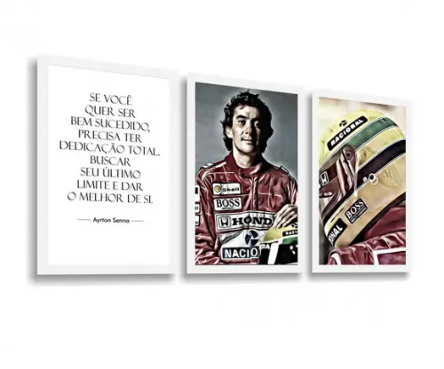 3 Quadros Decorativos Ayrton Senna Frases Conjunto Moldura