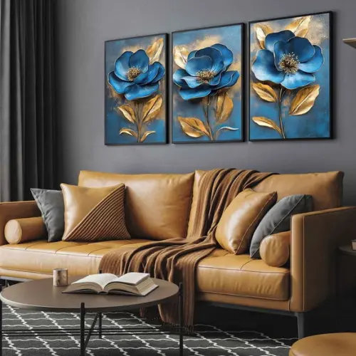 3 Quadros Decorativos Boho Azul Moderno Flores Moldura Vidro