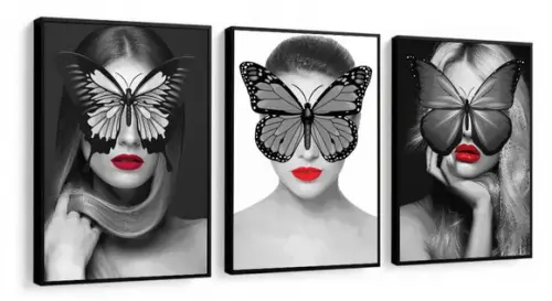 3 Quadros Decorativos Borboleta Mulheres Moderno Sala Hall