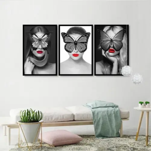 3 Quadros Decorativos Borboleta Mulheres Moderno Sala Hall