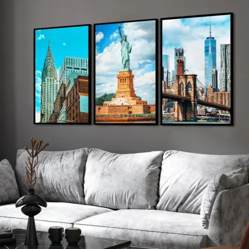 3 Quadros Decorativos Cidade Moderno Nova York Moldura Vidro