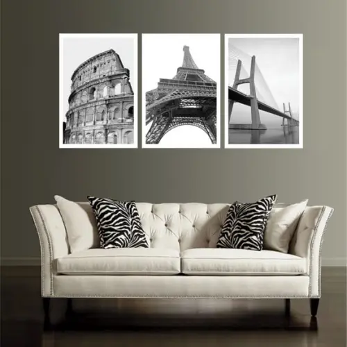 3 Quadros Decorativos Cidade Preto Branco Conjunto Molduras