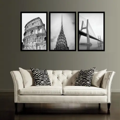 3 Quadros Decorativos Cidade Preto e Branco Conjunto Moldura