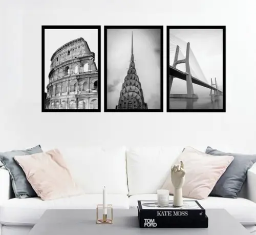 3 Quadros Decorativos Cidade Preto e Branco Conjunto Moldura