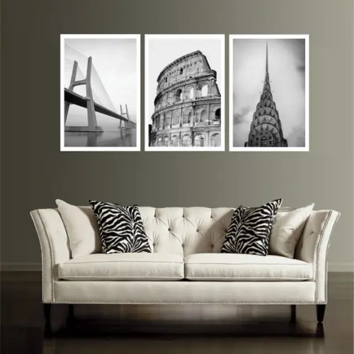 3 Quadros Decorativos Cidades Preto Branco Conjunto Moldura
