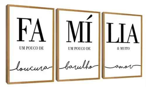 3 Quadros Decorativos com Frases Sala Família Moldura Vidro