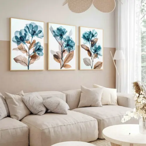 3 Quadros Decorativos Flores Azul Luxo Moderno Hall Moldura