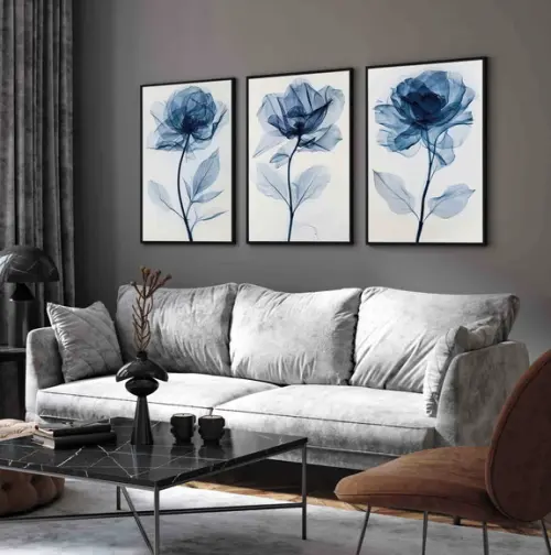 3 Quadros Decorativos Flores Azul Sala Moderna com Moldura