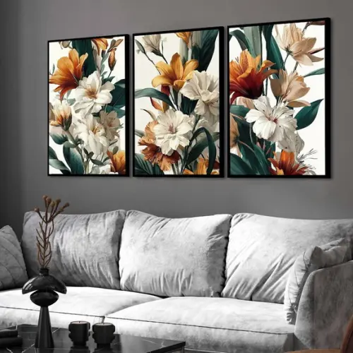 3 Quadros Decorativos Flores Moderno com Moldura e Vidro