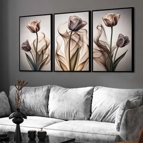 3 Quadros Decorativos Flores Moderno Luxo com Moldura Vidro