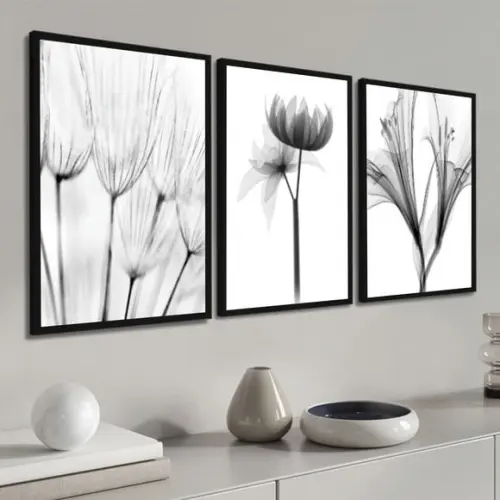 3 Quadros Decorativos Flores Preto e Branco Botânico Moldura
