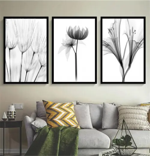 3 Quadros Decorativos Flores Preto e Branco Botânico Moldura
