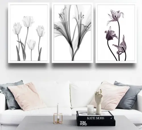3 Quadros Decorativos Flores Preto E Branco Botânico Moldura