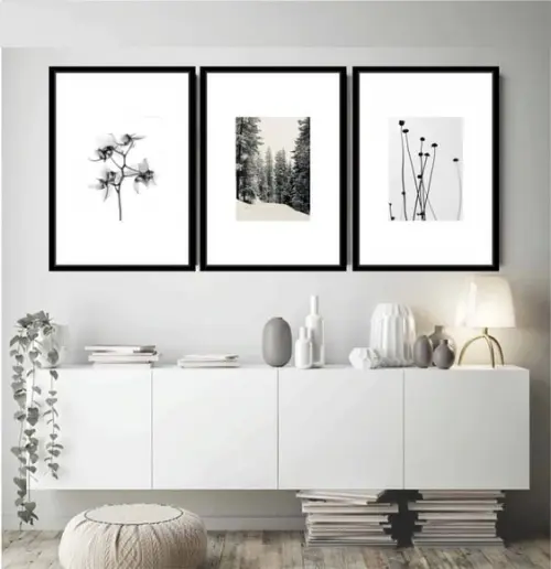 3 Quadros Decorativos Flores Preto e Branco Paisagem Moldura