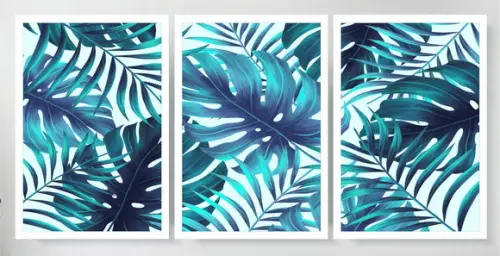 3 Quadros Decorativos Folhagem Azul Costela De Adão Moldura